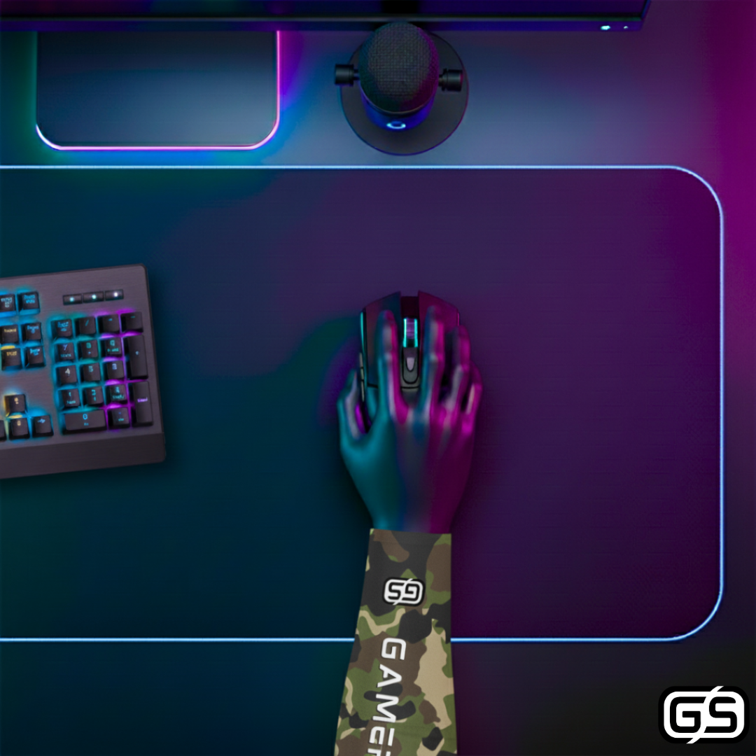 Close-up of a hand using a mouse while wearing a colorful compression gaming sleeve, shown in an RGB-lit gaming and streaming setup.