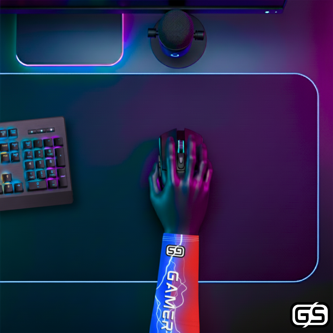 Close-up of a hand using a mouse while wearing a colorful compression gaming sleeve, shown in an RGB-lit gaming and streaming setup.