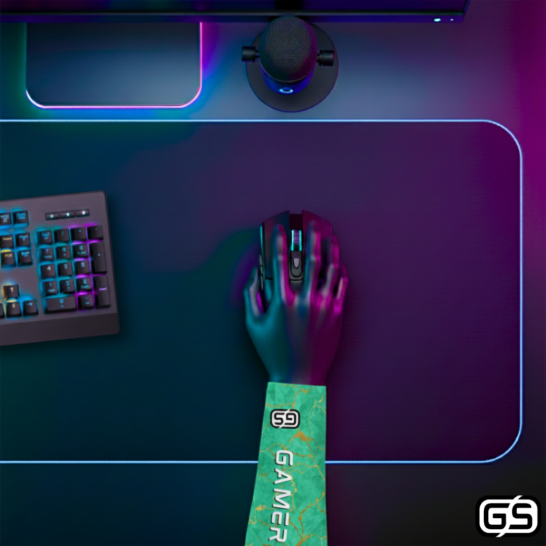 Close-up of a hand using a mouse while wearing a colorful compression gaming sleeve, shown in an RGB-lit gaming and streaming setup.