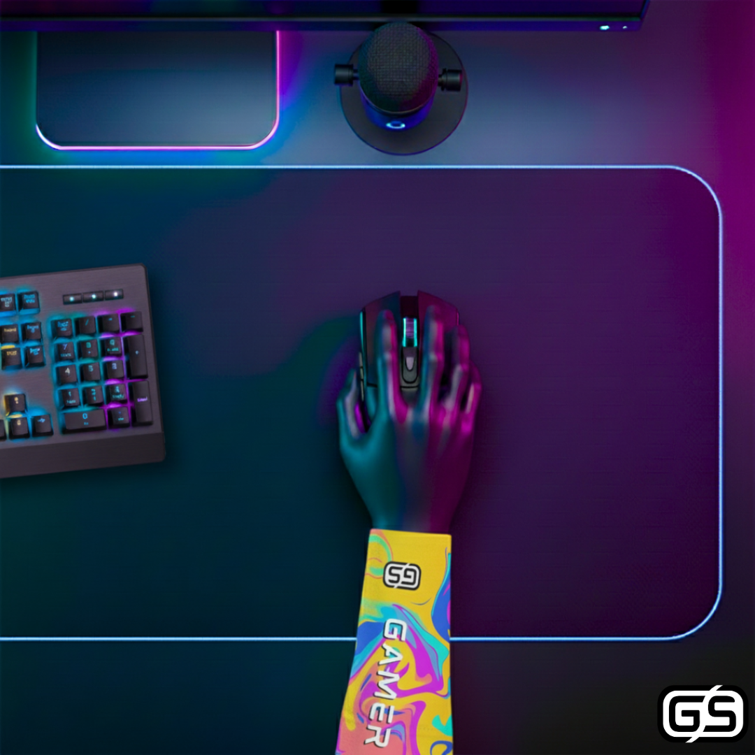 Close-up of a hand using a mouse while wearing a colorful compression gaming sleeve, shown in an RGB-lit gaming and streaming setup.