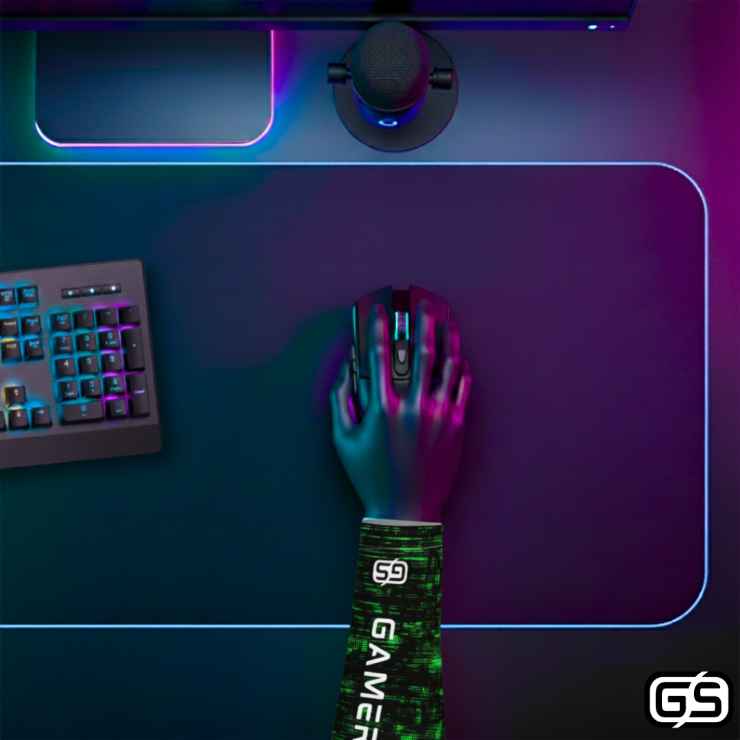 Close-up of a hand using a mouse while wearing a colorful compression gaming sleeve, shown in an RGB-lit gaming and streaming setup.