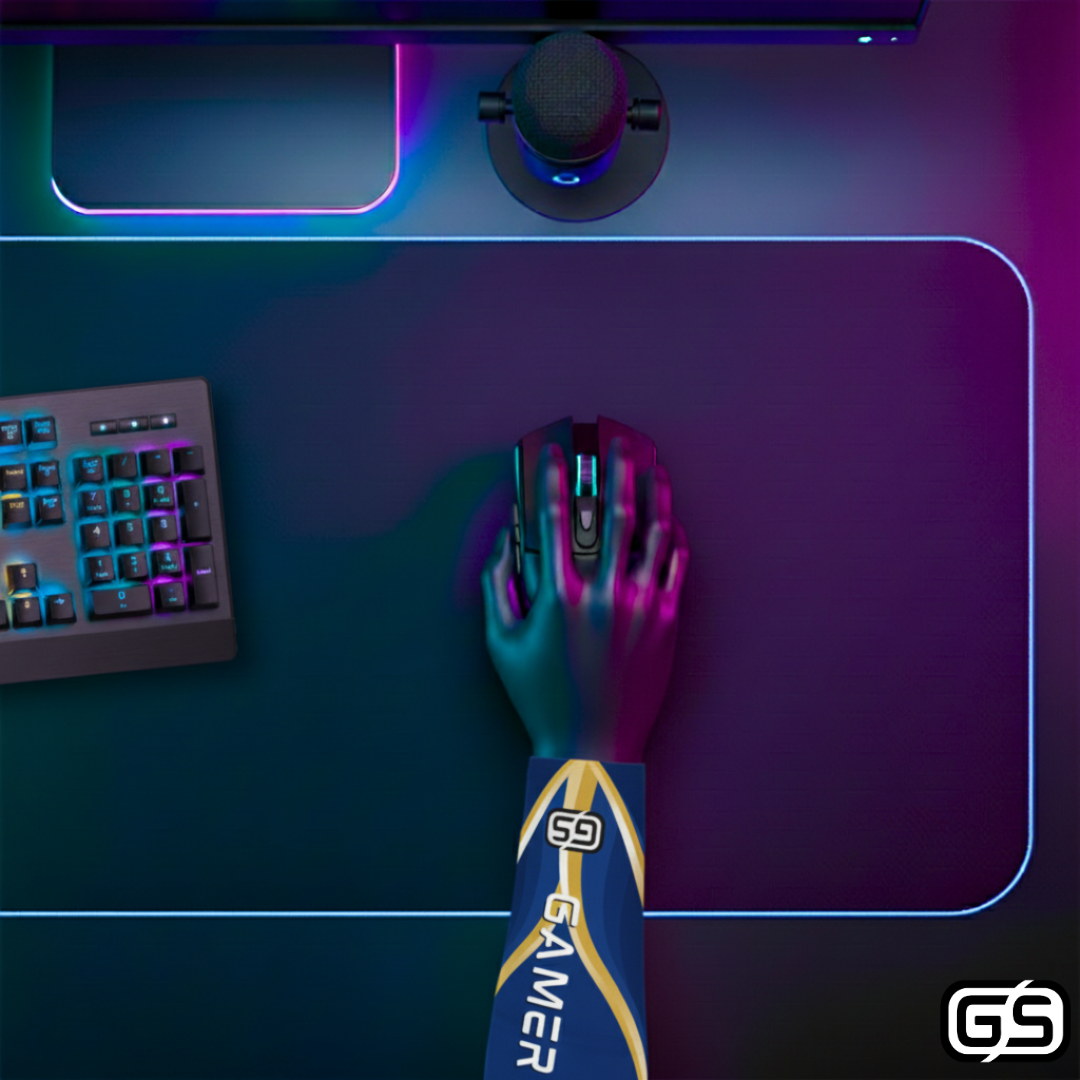 Close-up of a hand using a mouse while wearing a colorful compression gaming sleeve, shown in an RGB-lit gaming and streaming setup.