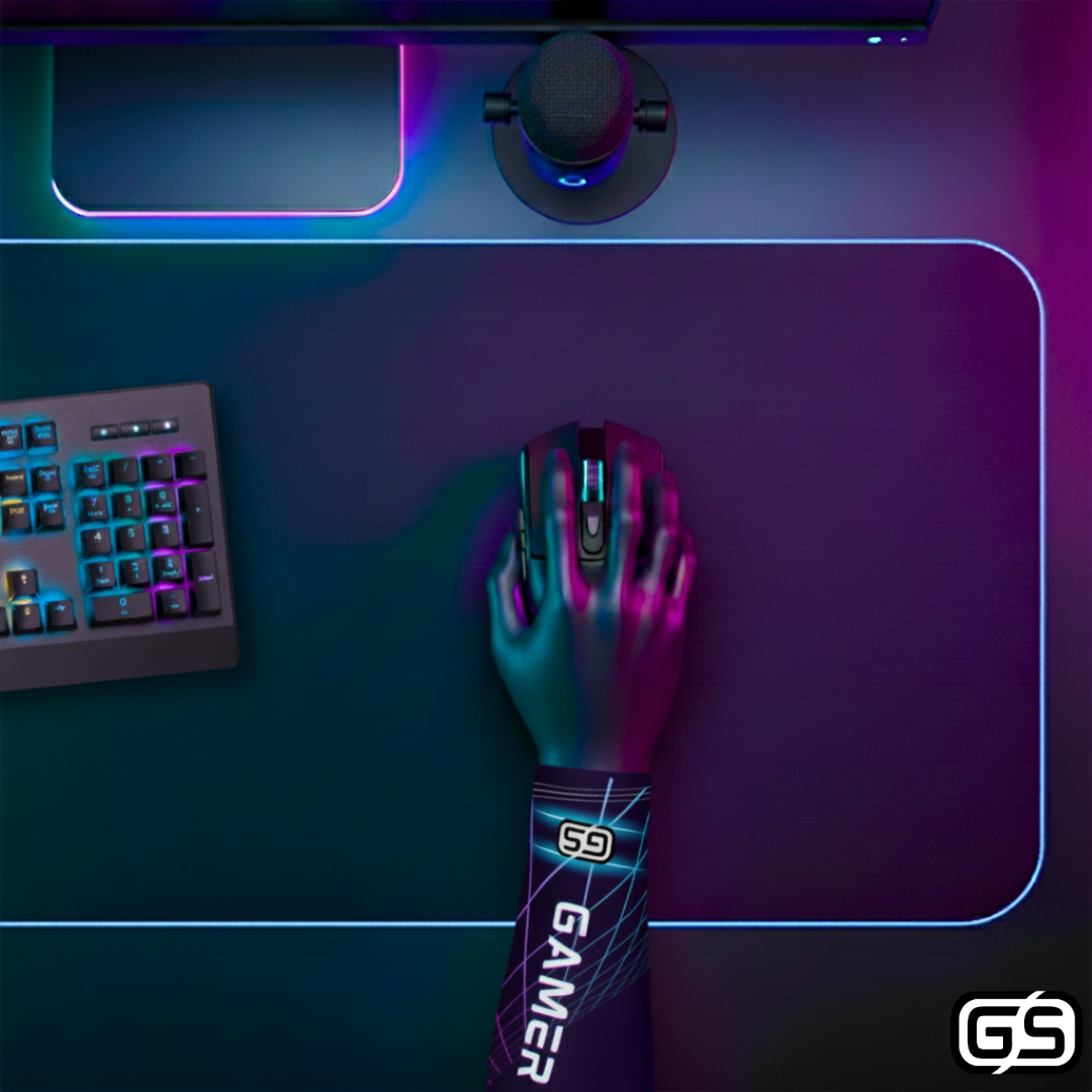 Close-up of a hand using a mouse while wearing a colorful compression gaming sleeve, shown in an RGB-lit gaming and streaming setup.