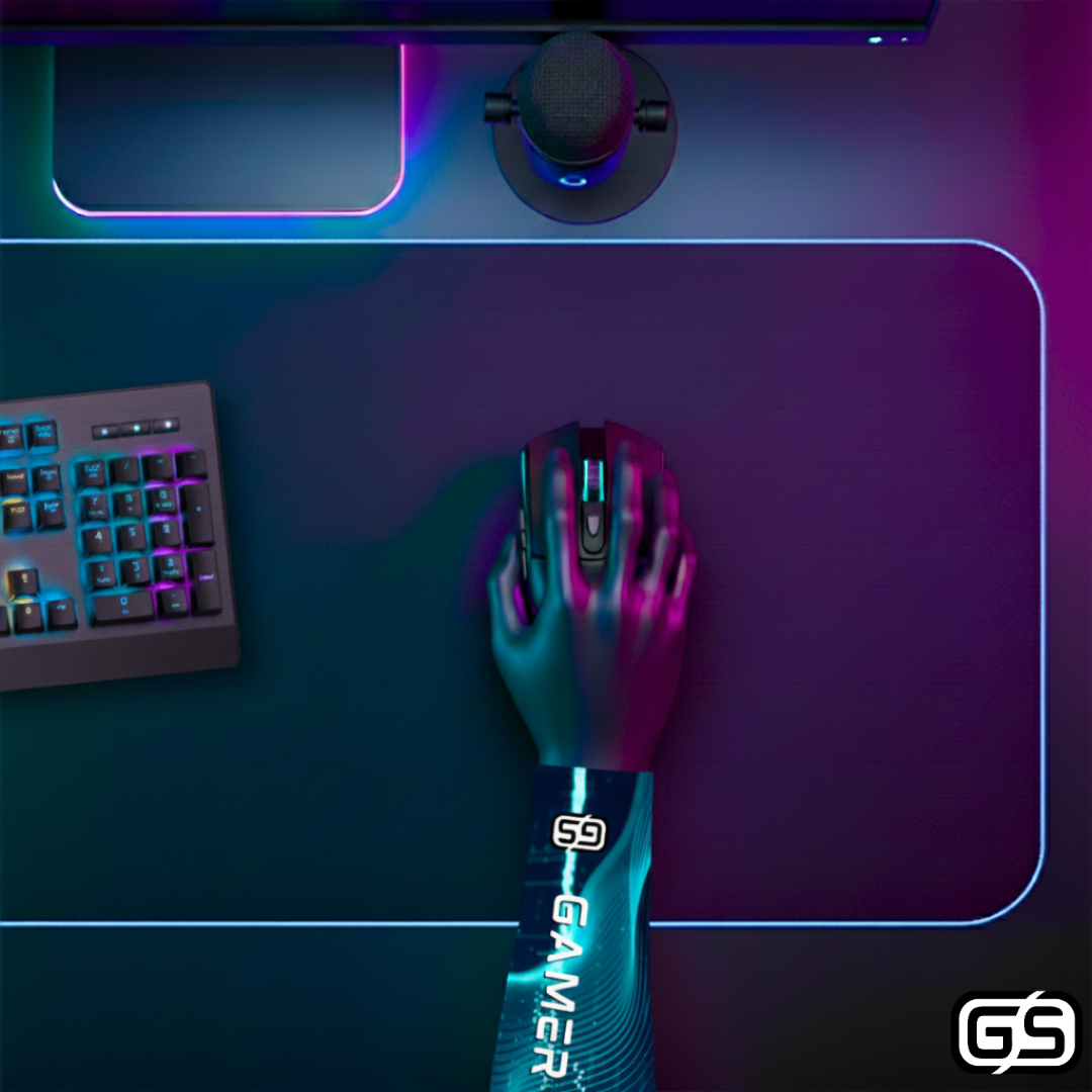 Close-up of a hand using a mouse while wearing a colorful compression gaming sleeve, shown in an RGB-lit gaming and streaming setup.
