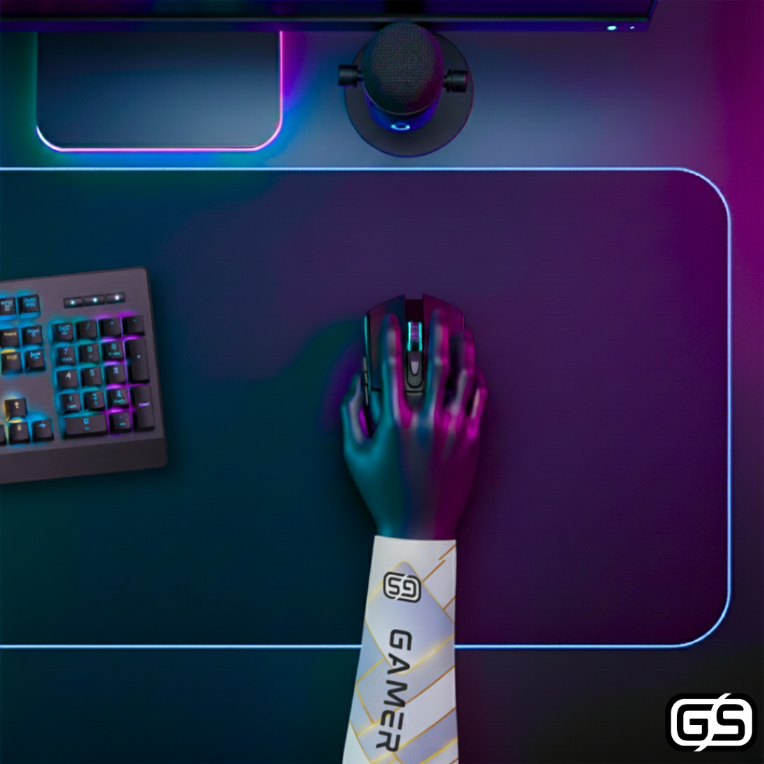 Close-up of a hand using a mouse while wearing a colorful compression gaming sleeve, shown in an RGB-lit gaming and streaming setup.