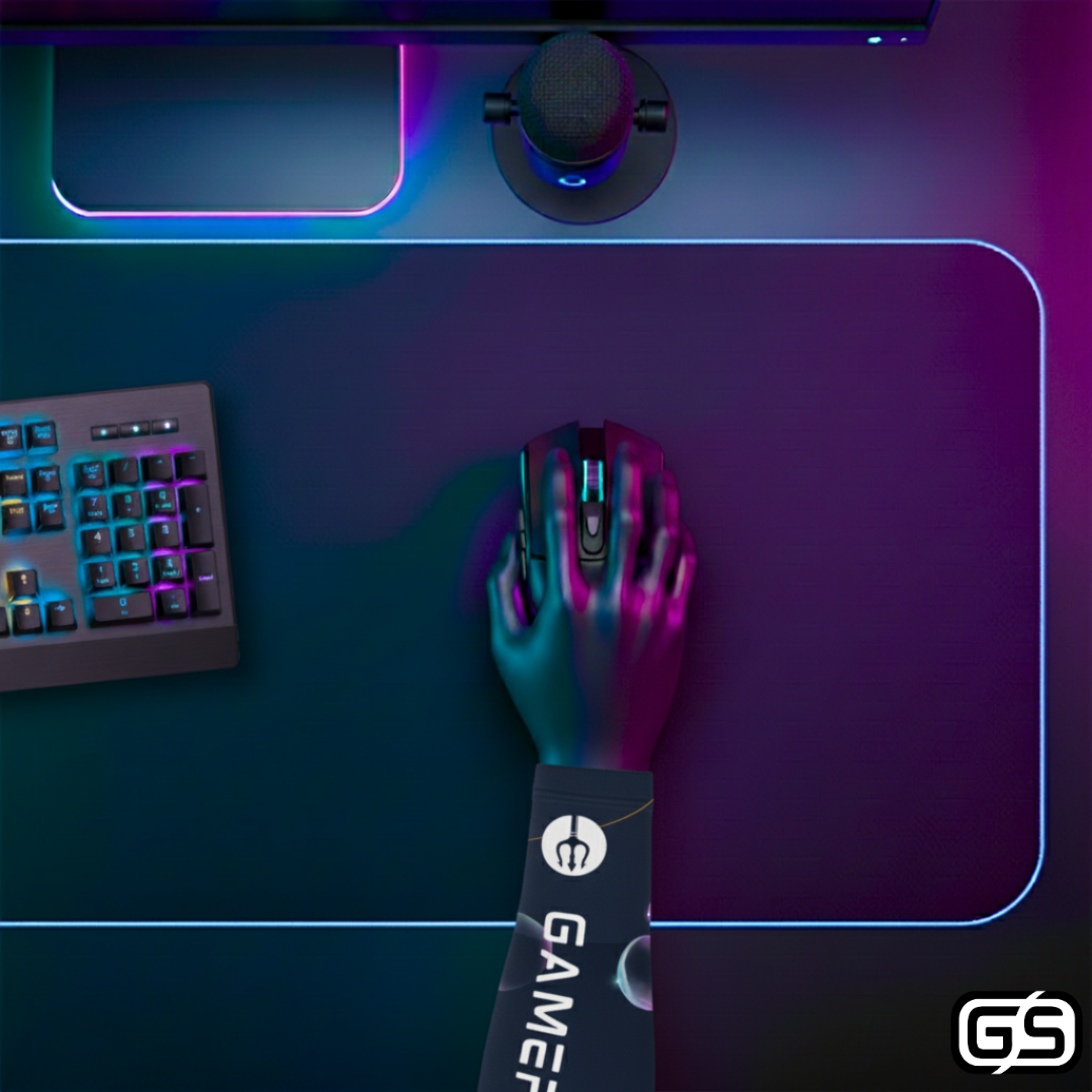Close-up of a hand using a mouse while wearing a colorful compression gaming sleeve, shown in an RGB-lit gaming and streaming setup.
