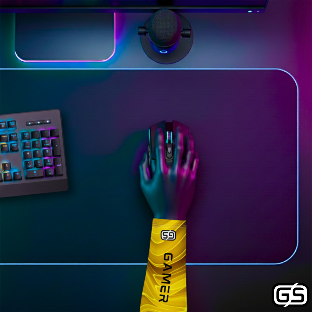 Close-up of a hand using a mouse while wearing a colorful compression gaming sleeve, shown in an RGB-lit gaming and streaming setup.