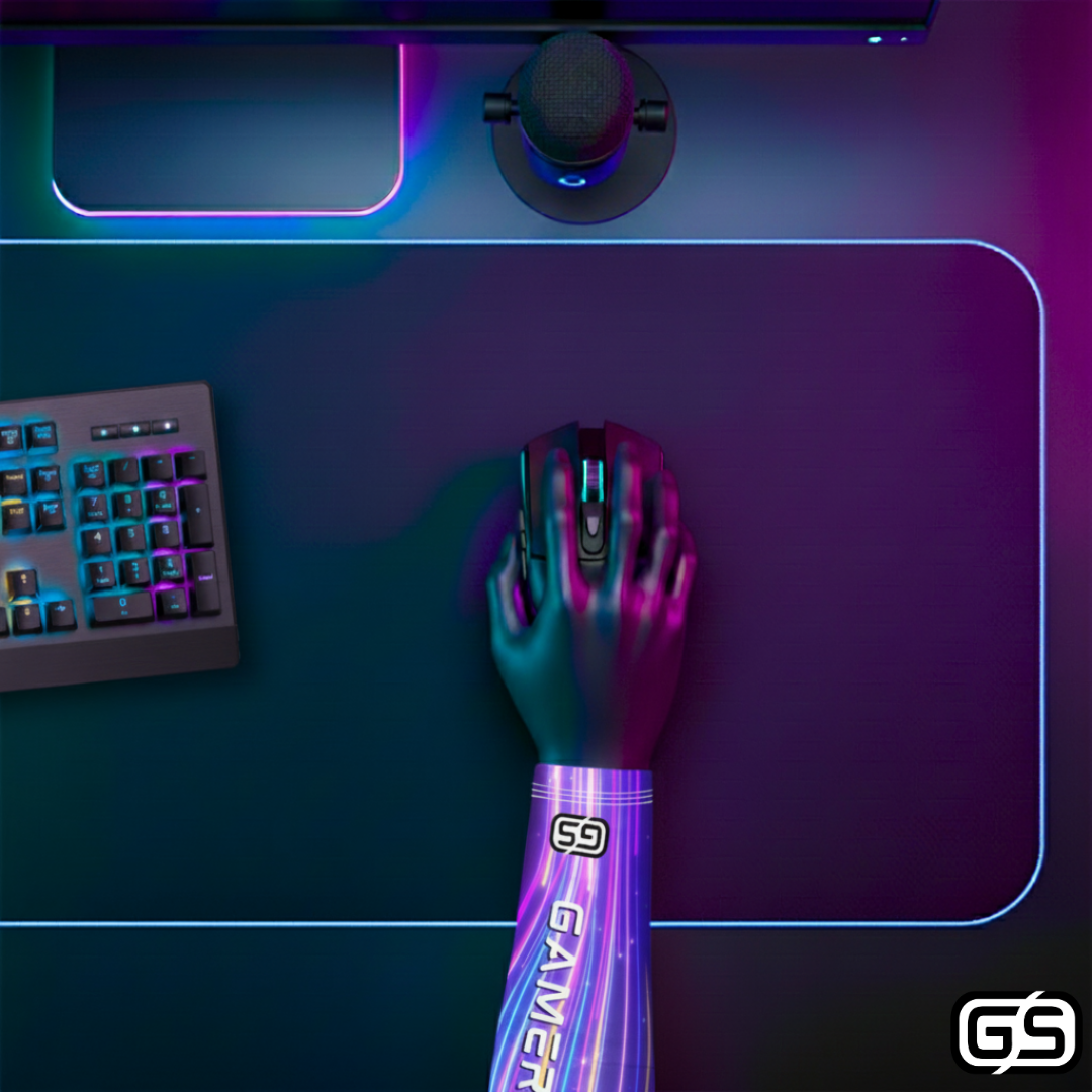 Close-up of a hand using a mouse while wearing a colorful compression gaming sleeve, shown in an RGB-lit gaming and streaming setup.