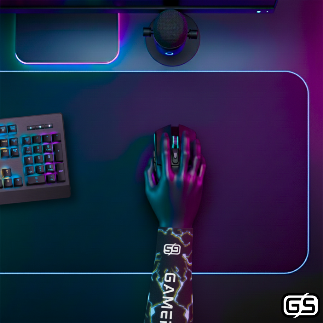 Close-up of a hand using a mouse while wearing a colorful compression gaming sleeve, shown in an RGB-lit gaming and streaming setup.