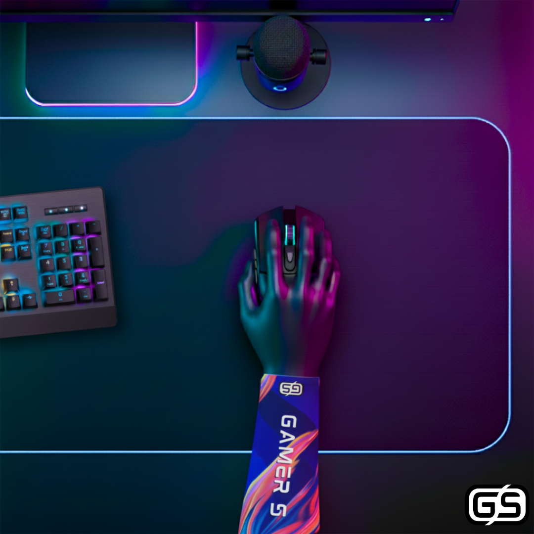 Close-up of a hand using a mouse while wearing a colorful compression gaming sleeve, shown in an RGB-lit gaming and streaming setup.