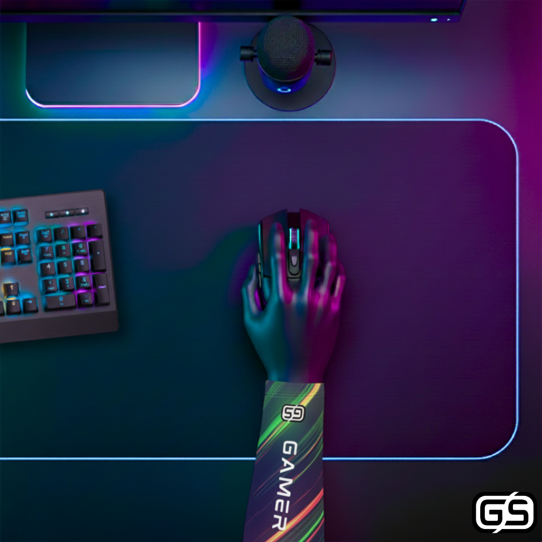 Close-up of a hand using a mouse while wearing a colorful compression gaming sleeve, shown in an RGB-lit gaming and streaming setup.