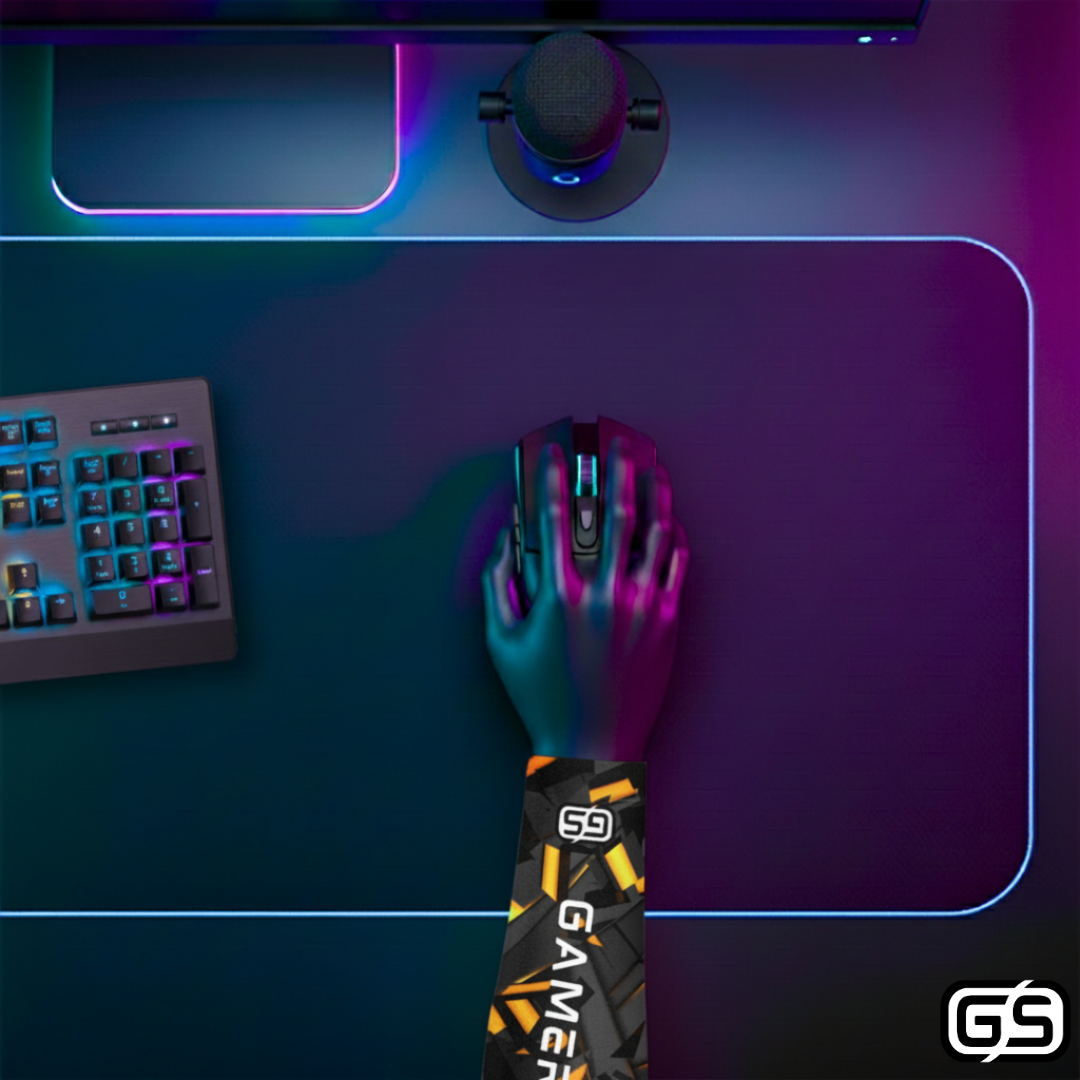 Close-up of a hand using a mouse while wearing a colorful compression gaming sleeve, shown in an RGB-lit gaming and streaming setup.