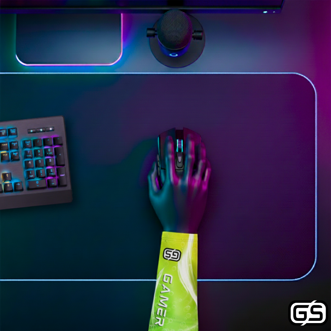 Close-up of a hand using a mouse while wearing a colorful compression gaming sleeve, shown in an RGB-lit gaming and streaming setup.