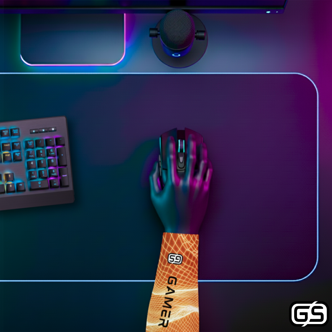 Close-up of a hand using a mouse while wearing a colorful compression gaming sleeve, shown in an RGB-lit gaming and streaming setup.