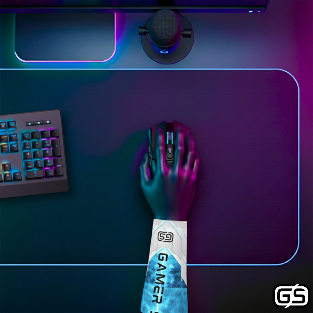 Close-up of a hand using a mouse while wearing a colorful compression gaming sleeve, shown in an RGB-lit gaming and streaming setup.