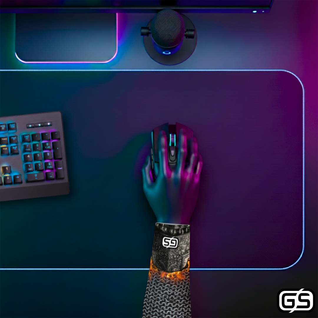 Close-up of a hand using a mouse while wearing a colorful compression gaming sleeve, shown in an RGB-lit gaming and streaming setup.