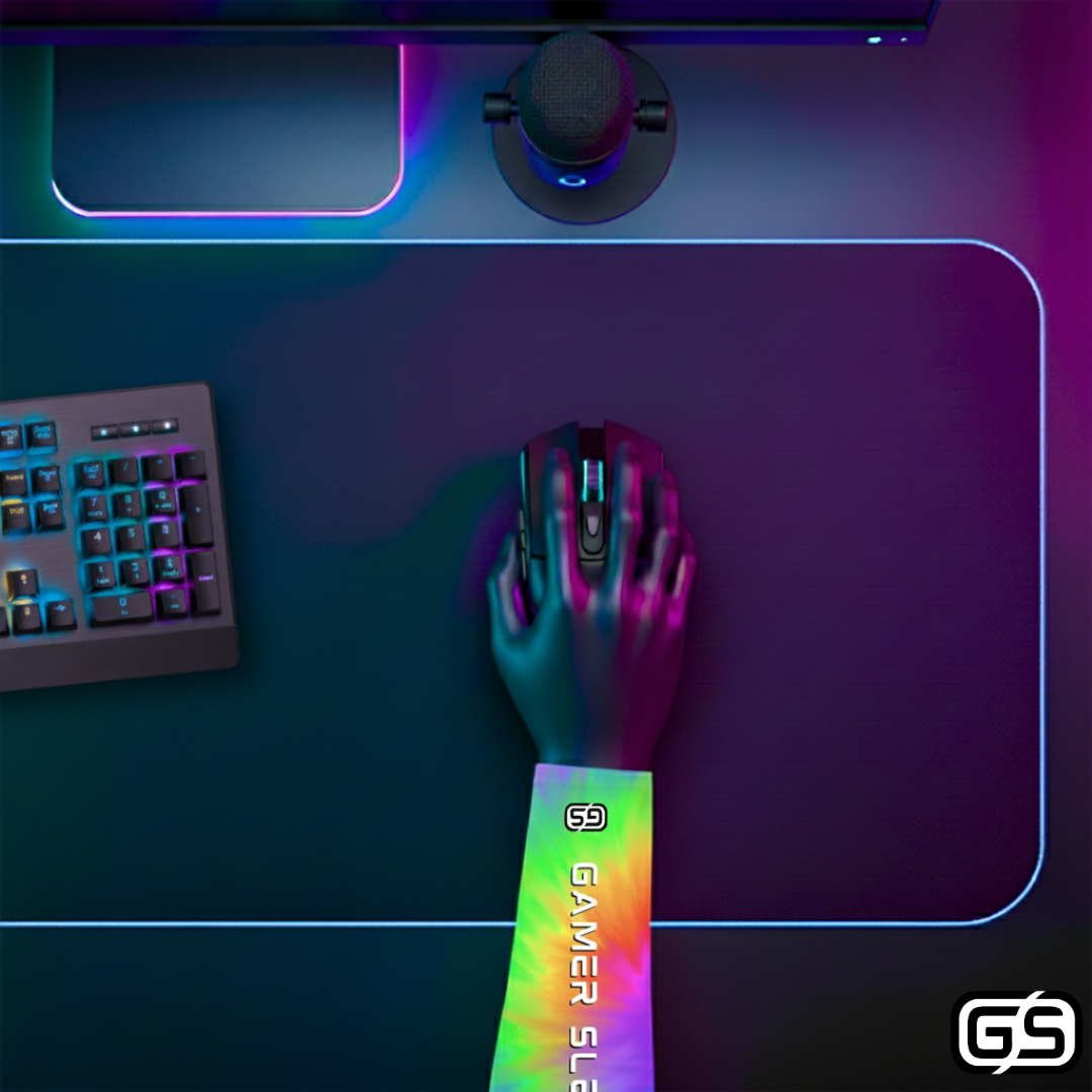 Close-up of a hand using a mouse while wearing a colorful compression gaming sleeve, shown in an RGB-lit gaming and streaming setup.