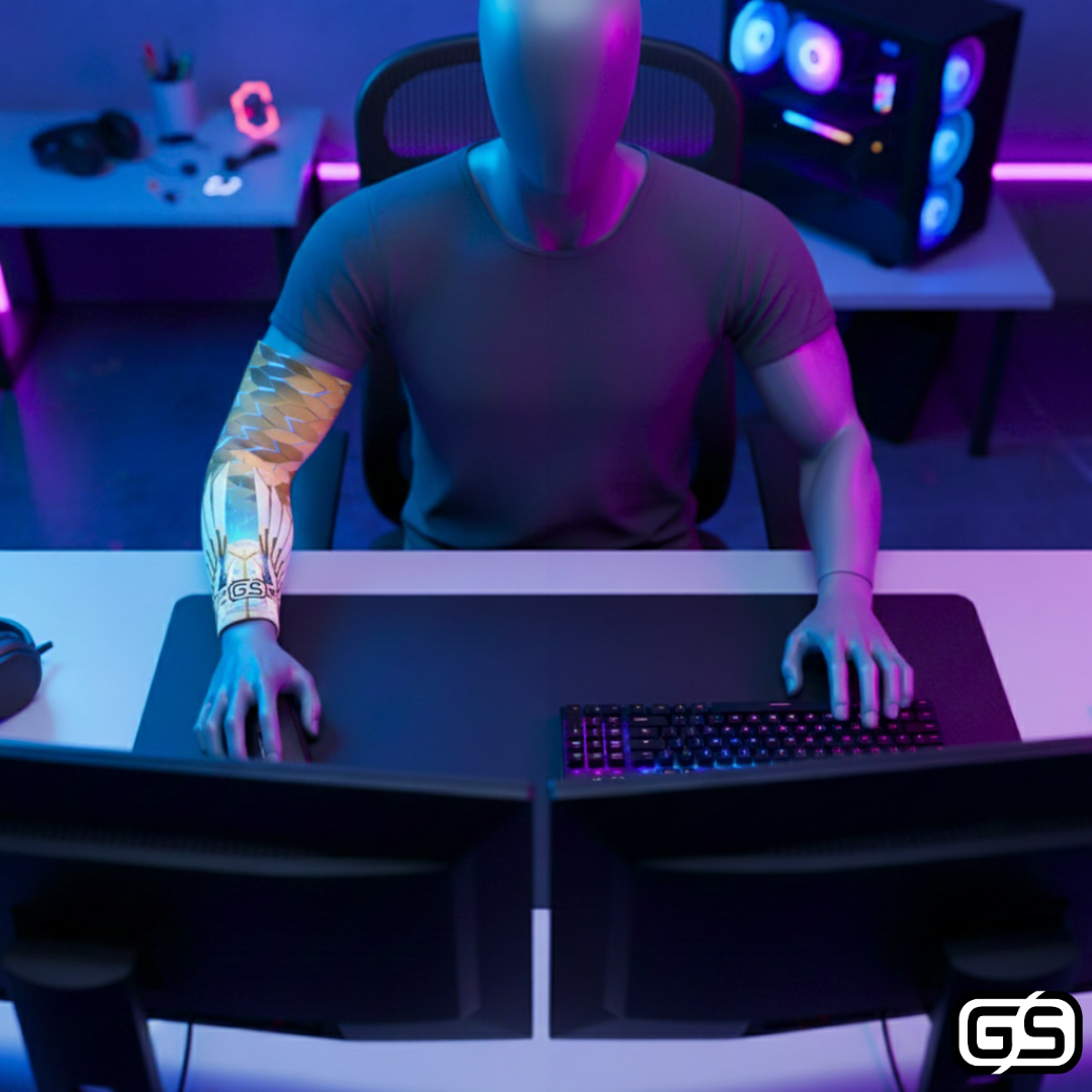 Streamer wearing Gamer Sleeve during a live PC gaming session — pro streaming gear and creator setup accessory