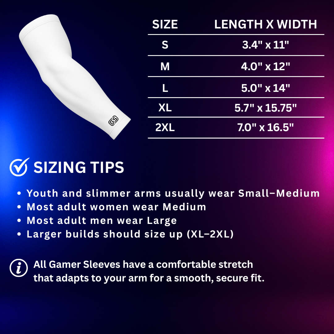 Sizing guide for Gamer Sleeves. It explains that youth and slimmer arms typically fit Small to Medium, adult women usually wear Medium, adult men usually wear Large, and larger or muscular builds should choose XL to 2XL. The chart also mentions that all sleeves have a comfortable stretch for a secure fit.